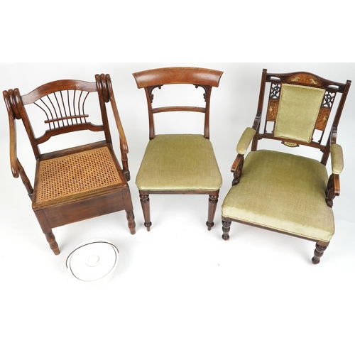 1138 - Three Victorian chairs including inlaid mahogany example with green upholstered seat and elbow pads ... 