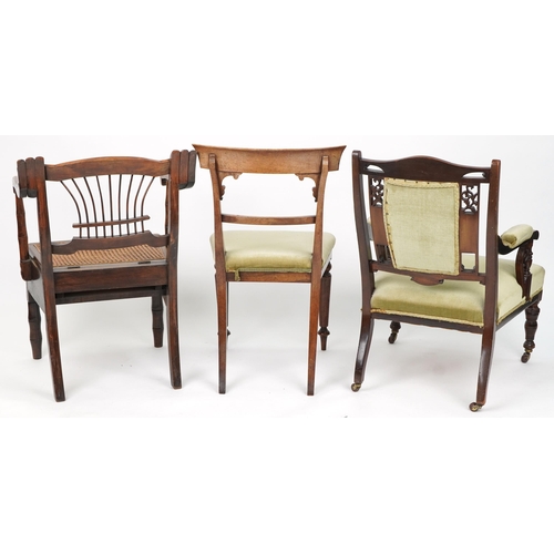 1138 - Three Victorian chairs including inlaid mahogany example with green upholstered seat and elbow pads ... 