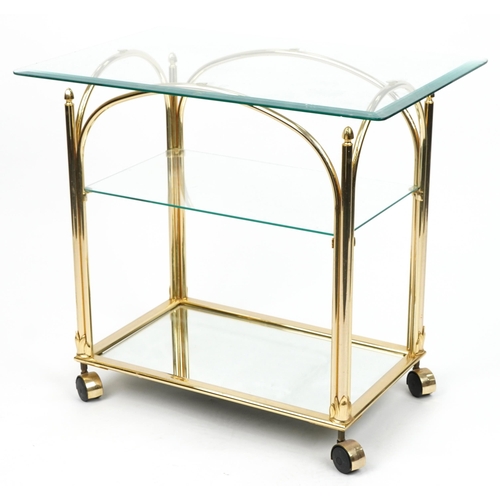 1028 - Contemporary Italian style brass trolley with rectangular glass top, glass shelf and  mirrored glass... 