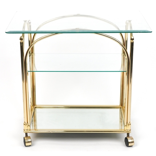 1028 - Contemporary Italian style brass trolley with rectangular glass top, glass shelf and  mirrored glass... 