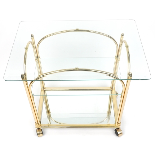 1028 - Contemporary Italian style brass trolley with rectangular glass top, glass shelf and  mirrored glass... 