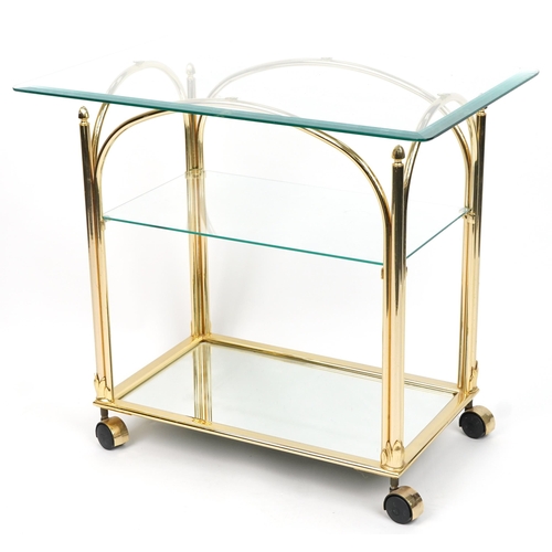 1028 - Contemporary Italian style brass trolley with rectangular glass top, glass shelf and  mirrored glass... 