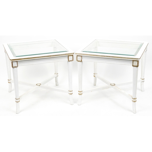 1095 - Pair of French style cream and gilt square occasional tables with inset glass tops and X stretchers,... 