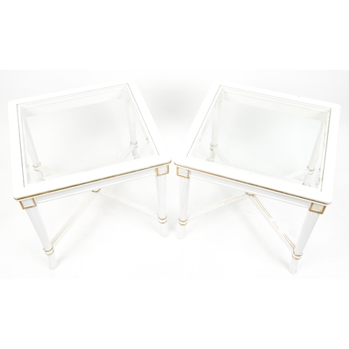 1095 - Pair of French style cream and gilt square occasional tables with inset glass tops and X stretchers,... 