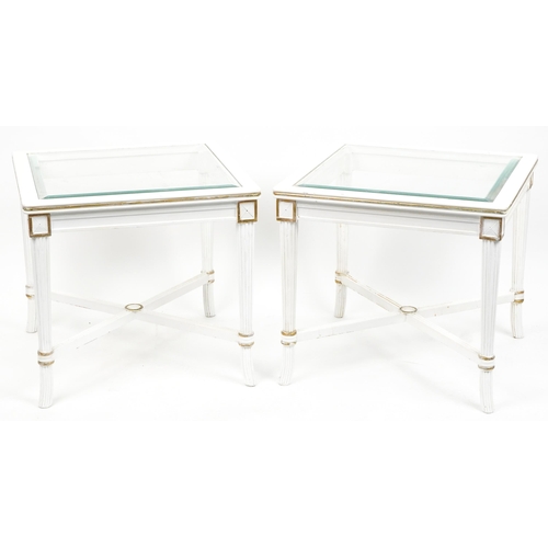 1095 - Pair of French style cream and gilt square occasional tables with inset glass tops and X stretchers,... 