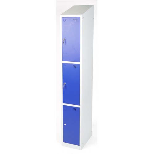 1111 - Metal three section locker cabinet with keys, 195cm H x 30cm W x 45cm D