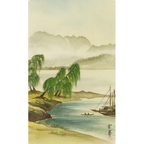 536 - Fishermen and junks - Chinese watercolour on silk signed with red seal marks and calligraphy, mounte... 