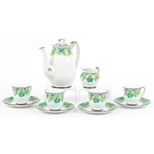 1644 - Foley china teaware hand painted with flowers comprising coffee pot, four cups with saucers and crea... 