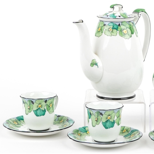 1644 - Foley china teaware hand painted with flowers comprising coffee pot, four cups with saucers and crea... 