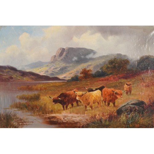 284 - Charles W Oswald - Scottish Highland scenes with cattle, pair of 19th century oil on canvases, each ... 