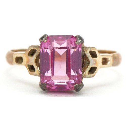 2146 - 9ct gold and silver pink stone ring with pierced shoulders, size N, 2.4g