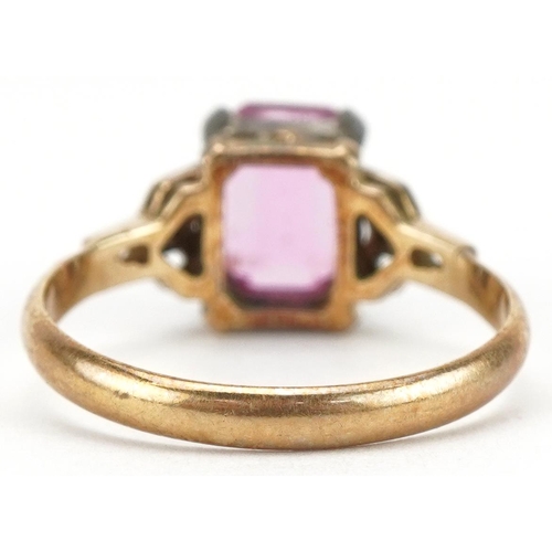 2146 - 9ct gold and silver pink stone ring with pierced shoulders, size N, 2.4g