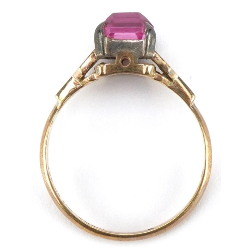 2146 - 9ct gold and silver pink stone ring with pierced shoulders, size N, 2.4g