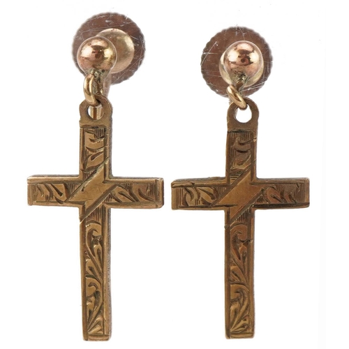 2081 - Pair of 9ct gold engraved cross earrings with screw backs, 2cm high, 1.6g