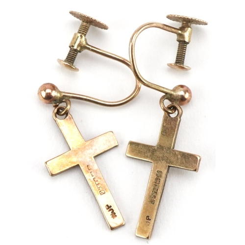 2081 - Pair of 9ct gold engraved cross earrings with screw backs, 2cm high, 1.6g