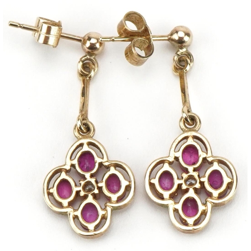 2004 - Pair of 9ct gold ruby and diamond drop earrings, 2.8cm high, 2.8g