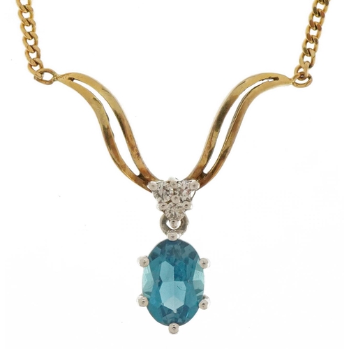 2181 - 9ct gold blue topaz and diamond necklace, 42cm in length, 3.4g