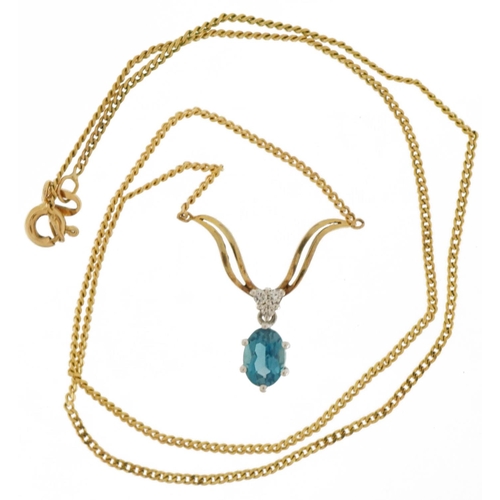 2181 - 9ct gold blue topaz and diamond necklace, 42cm in length, 3.4g