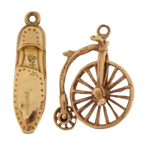 2138 - Two 9ct gold charms comprising penny farthing and shoe, the largest 2cm high, total 2.1g