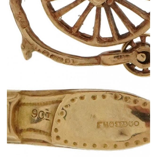 2138 - Two 9ct gold charms comprising penny farthing and shoe, the largest 2cm high, total 2.1g