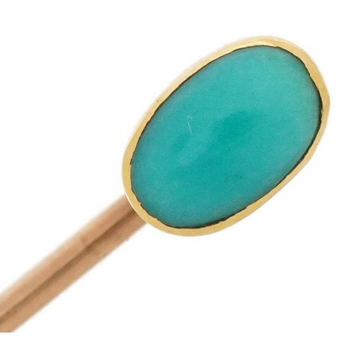 2079 - Unmarked gold cabochon turquoise stickpin, 5.5cm in length, 1.2g