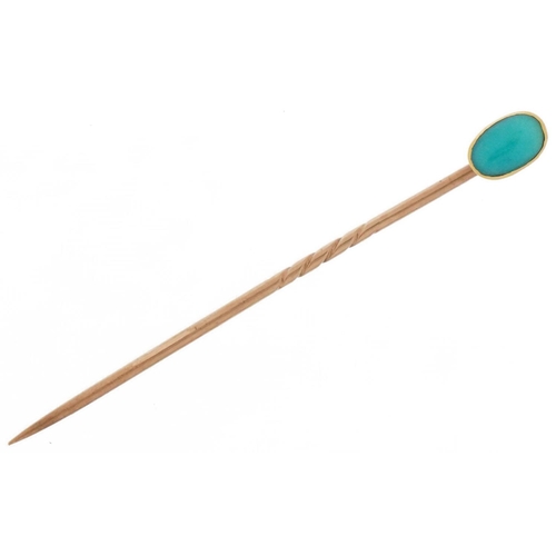 2079 - Unmarked gold cabochon turquoise stickpin, 5.5cm in length, 1.2g