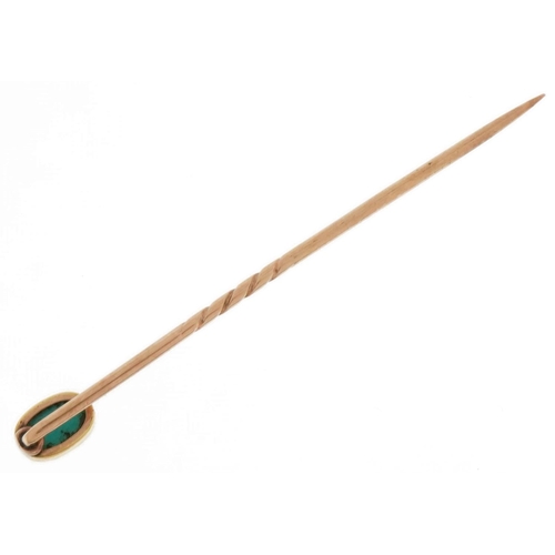 2079 - Unmarked gold cabochon turquoise stickpin, 5.5cm in length, 1.2g