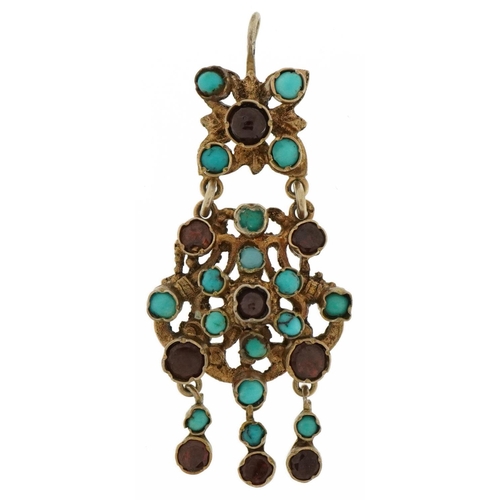 2151 - Antique European unmarked silver gilt turquoise and garnet pendant, possibly Austro-Hungarian, 5cm h... 