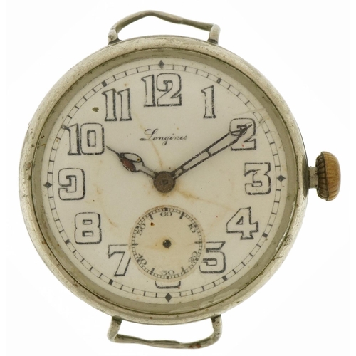 618 - Longines, British military interest Longines trench wristwatch with enamelled dial, the dust cover e... 