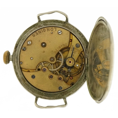 618 - Longines, British military interest Longines trench wristwatch with enamelled dial, the dust cover e... 