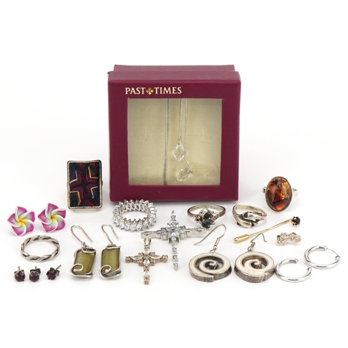 2606 - Silver and white metal jewellery including rings, shell earrings and a Past Times necklace, weighabl... 