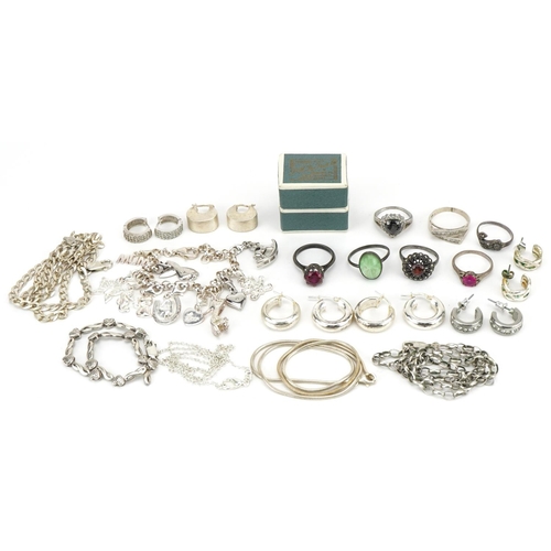 2575 - Silver and white metal jewellery including necklaces, charm bracelet, rings and earrings, total weig... 