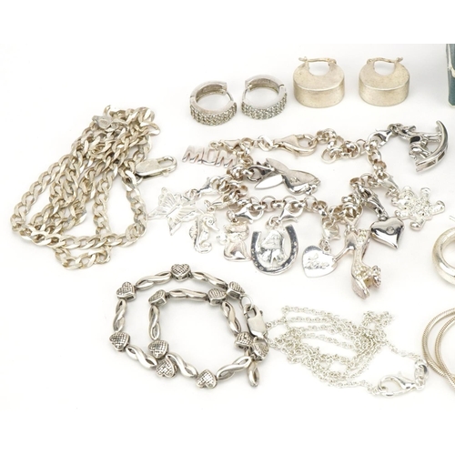 2575 - Silver and white metal jewellery including necklaces, charm bracelet, rings and earrings, total weig... 