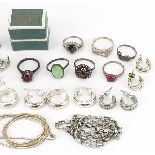 2575 - Silver and white metal jewellery including necklaces, charm bracelet, rings and earrings, total weig... 