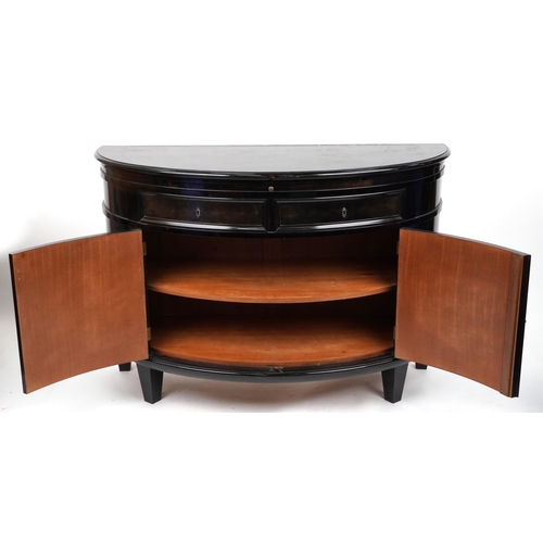 1059 - 19th century European ebonised demi lune side cabinet with brushing slide above two drawers on cupbo... 