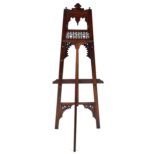 1084 - Attributed to Liberty & Co, Moorish hardwood floor standing easel with mother of pearl inlay profuse... 