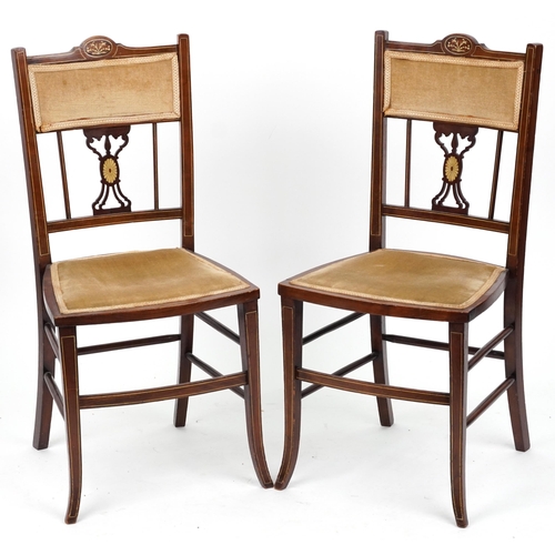 1153 - Four Edwardian inlaid mahogany salon chairs including two carvers, the largest each 90cm high