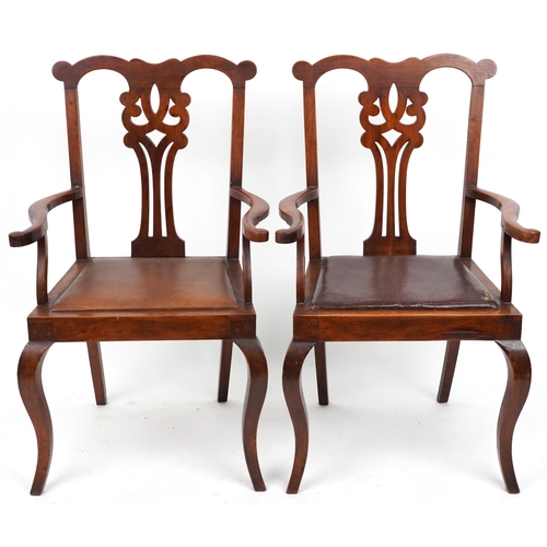 1128 - Pair of early 19th century carver chairs with leather upholstered seats, 99.5cm high