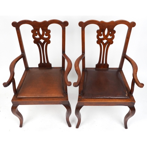 1128 - Pair of early 19th century carver chairs with leather upholstered seats, 99.5cm high