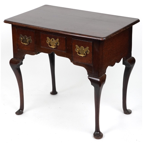 1155 - Georgian oak lowboy with brass handles on cabriole legs, 69cm H x 79cm W x 49cm D