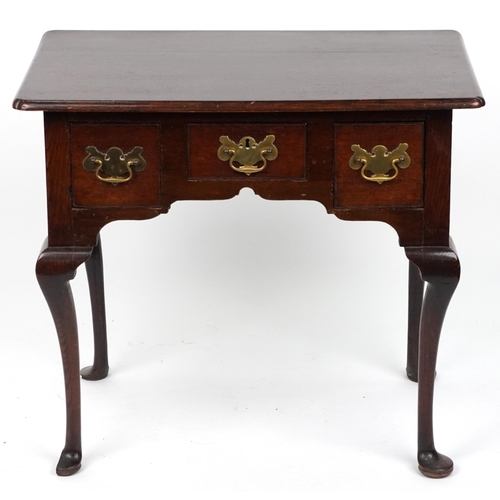 1155 - Georgian oak lowboy with brass handles on cabriole legs, 69cm H x 79cm W x 49cm D