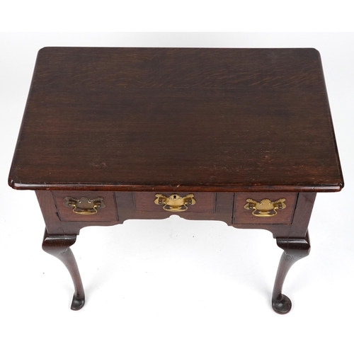 1155 - Georgian oak lowboy with brass handles on cabriole legs, 69cm H x 79cm W x 49cm D