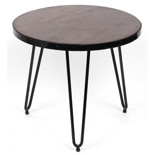 1159 - Industrial circular hardwood and wrought iron occasional table with hairpin legs, 53.5cm high x 61cm... 