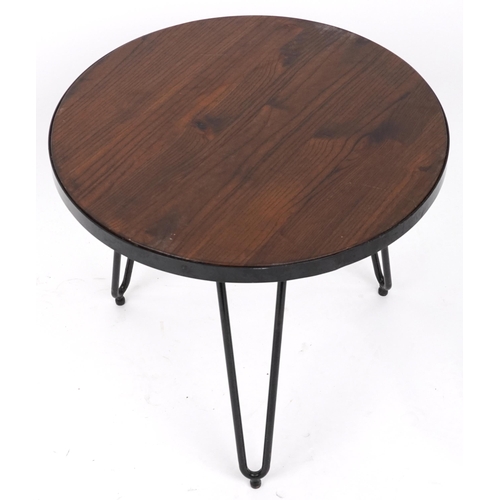 1159 - Industrial circular hardwood and wrought iron occasional table with hairpin legs, 53.5cm high x 61cm... 