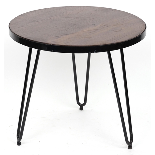 1159 - Industrial circular hardwood and wrought iron occasional table with hairpin legs, 53.5cm high x 61cm... 