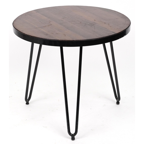 1078 - Industrial circular hardwood and wrought iron occasional table with hairpin legs, 53.5cm high x 61cm... 