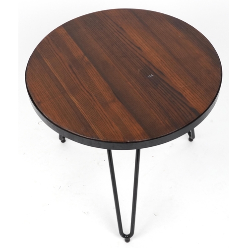 1078 - Industrial circular hardwood and wrought iron occasional table with hairpin legs, 53.5cm high x 61cm... 