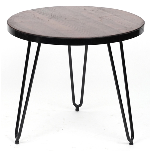 1078 - Industrial circular hardwood and wrought iron occasional table with hairpin legs, 53.5cm high x 61cm... 