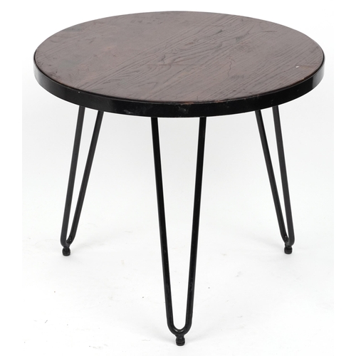 1079 - Industrial circular hardwood and wrought iron occasional table with hairpin legs, 53.5cm high x 61cm... 