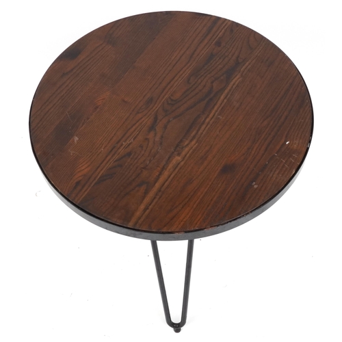 1079 - Industrial circular hardwood and wrought iron occasional table with hairpin legs, 53.5cm high x 61cm... 